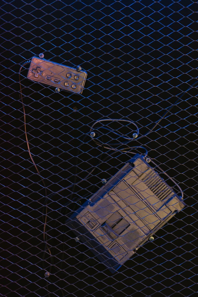 A vintage game controller and console suspended on a wire mesh with dramatic lighting.